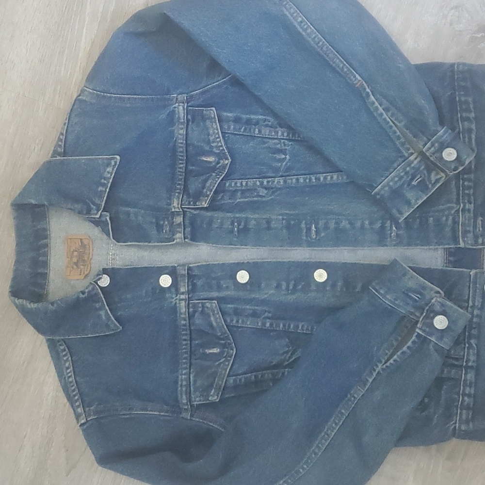 70s Plain Pockets Mens Denim Blue Jean Jacket USA Trucker Snap Front 38R RARE